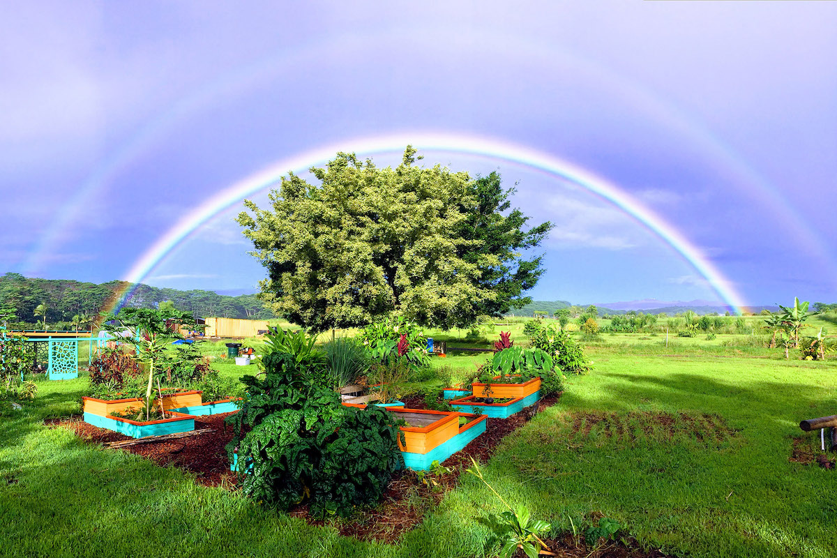 Green grassy filends with mini garden plots and some trees, all against a gloomy sky with a double rainbow.
