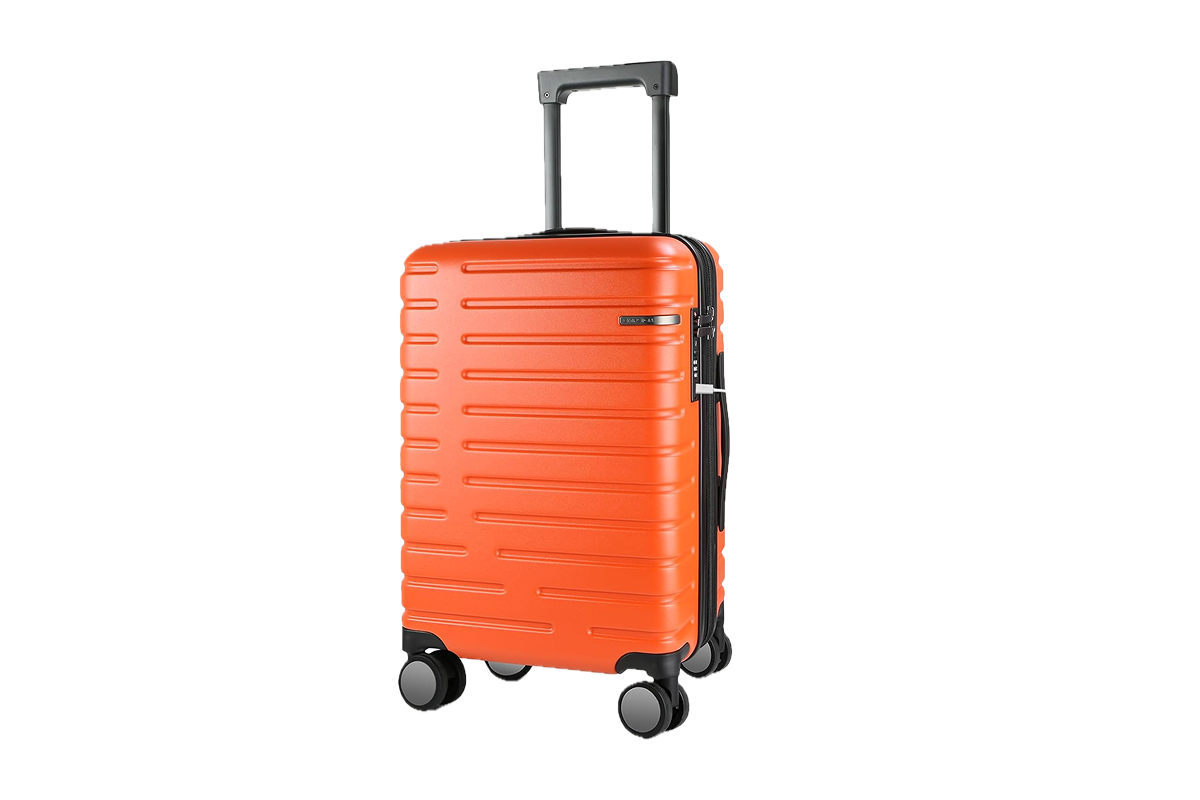 An orange, hardshell carry-on suitcase.