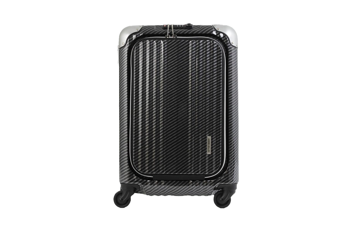 A black carry on with roller wheels.