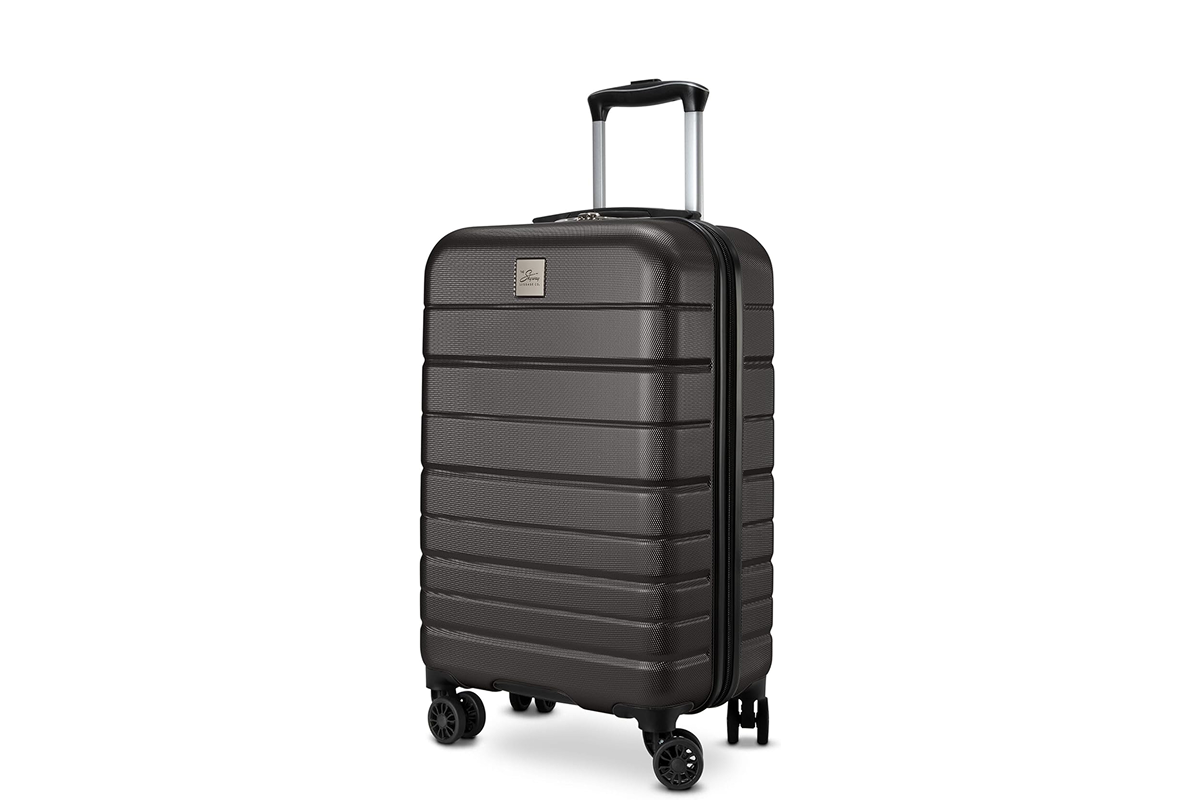 A black, carry-on suitcase.