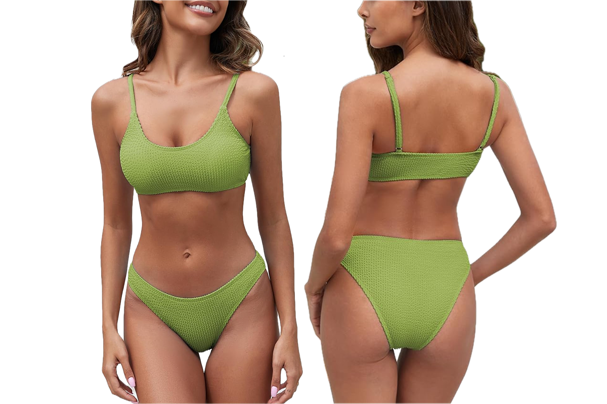 A woman, front and back facing, is wearing a light green bikini.