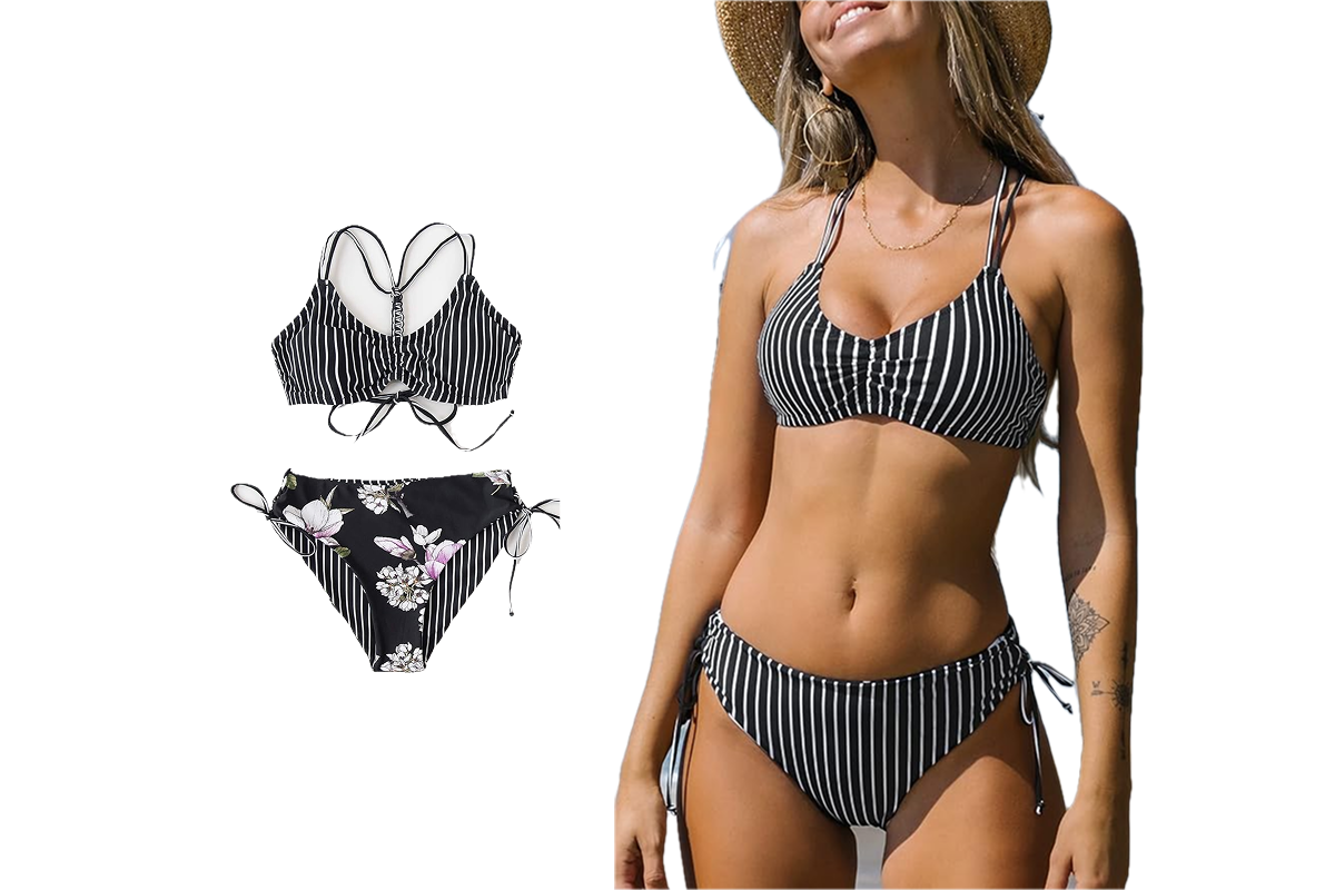 A woman wearing a black and white stripe bikini.