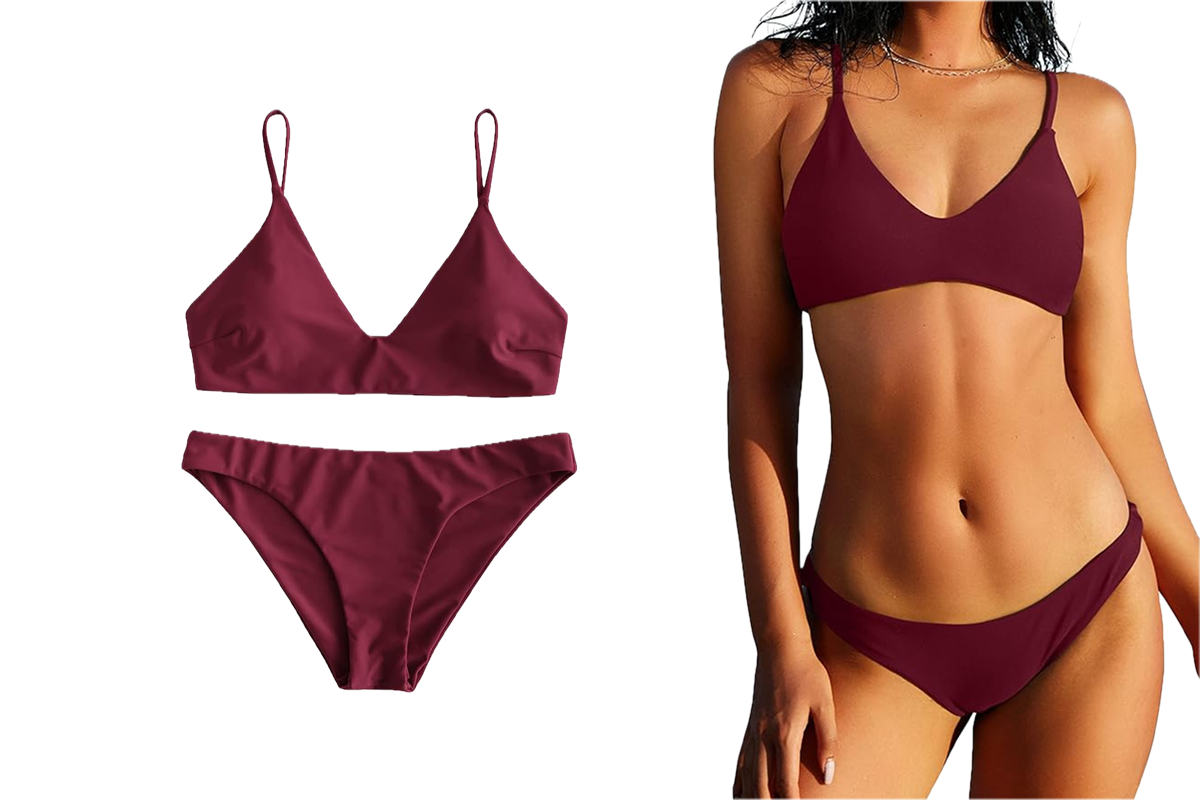 A maroon bikini is next to a woman wearing a maroon bikini.