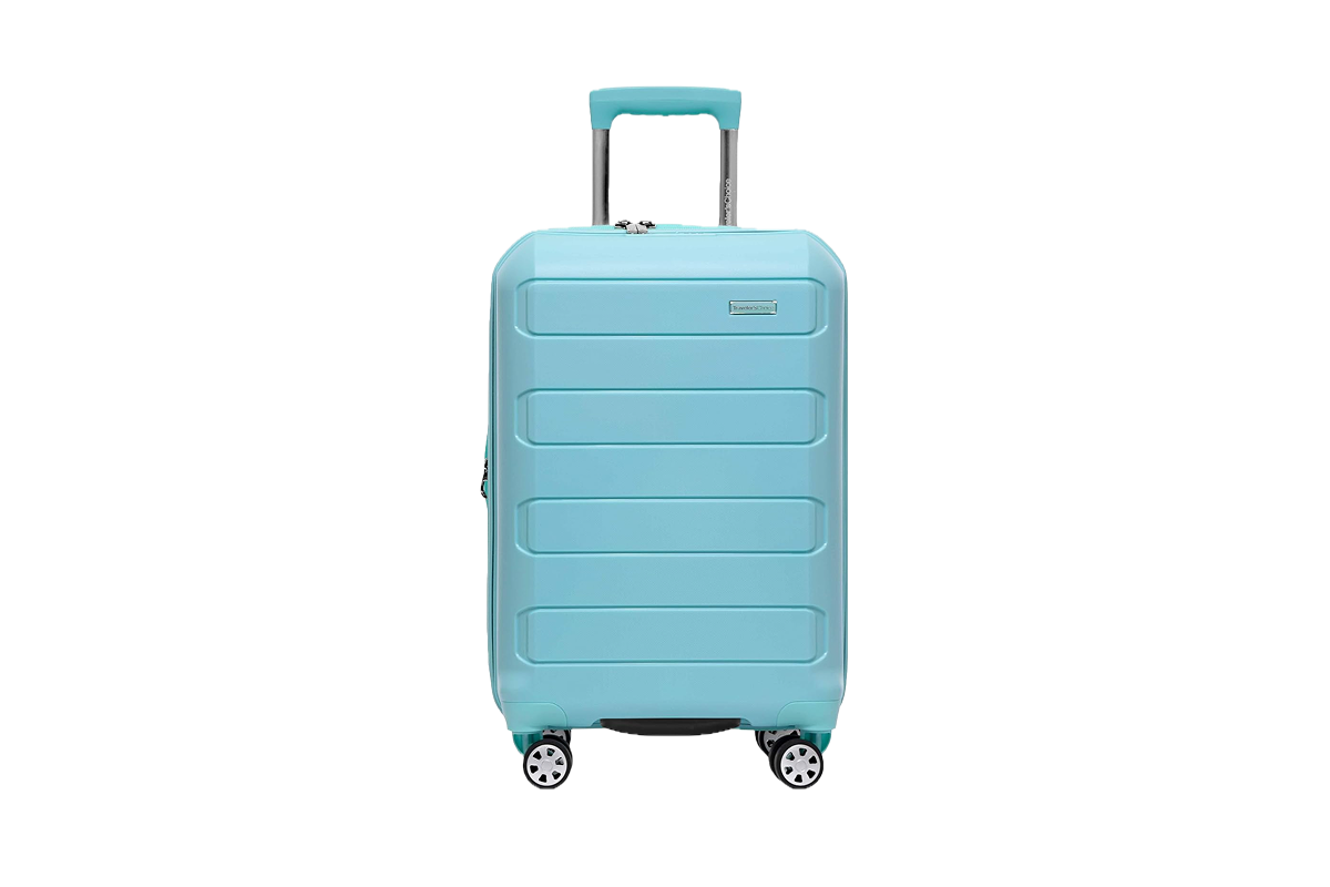A light blue carry-on suitcase.
