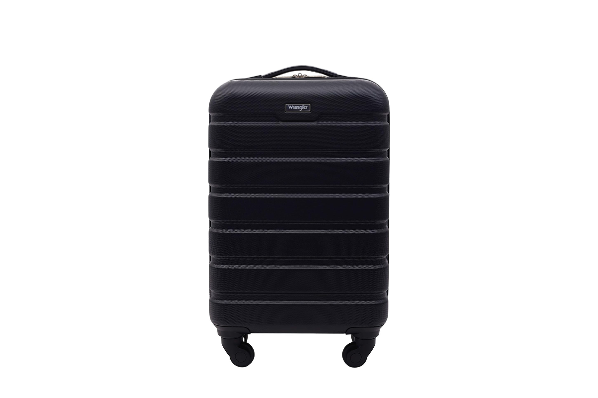 A navy blue carry-on suitcase.