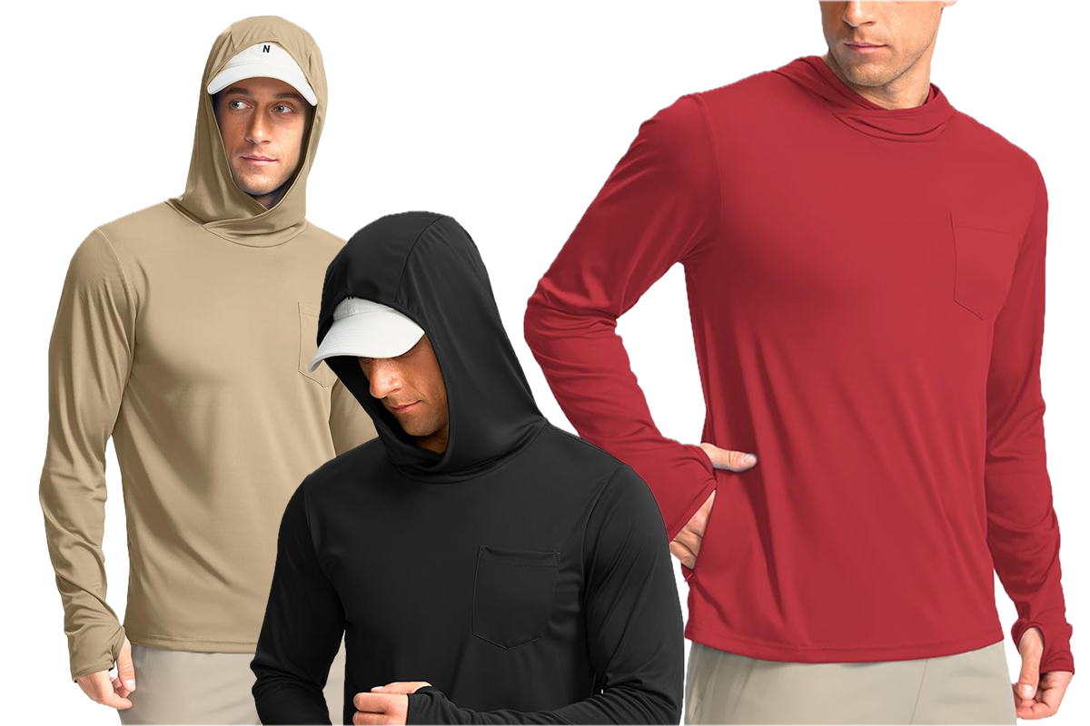 This image features a man wearing a red top, and tan pants; a man wearing yellow short sleeve top and black pants; a man wearing a black hoodie top and black pants; and a ,am wearing a blue top and grey pants.