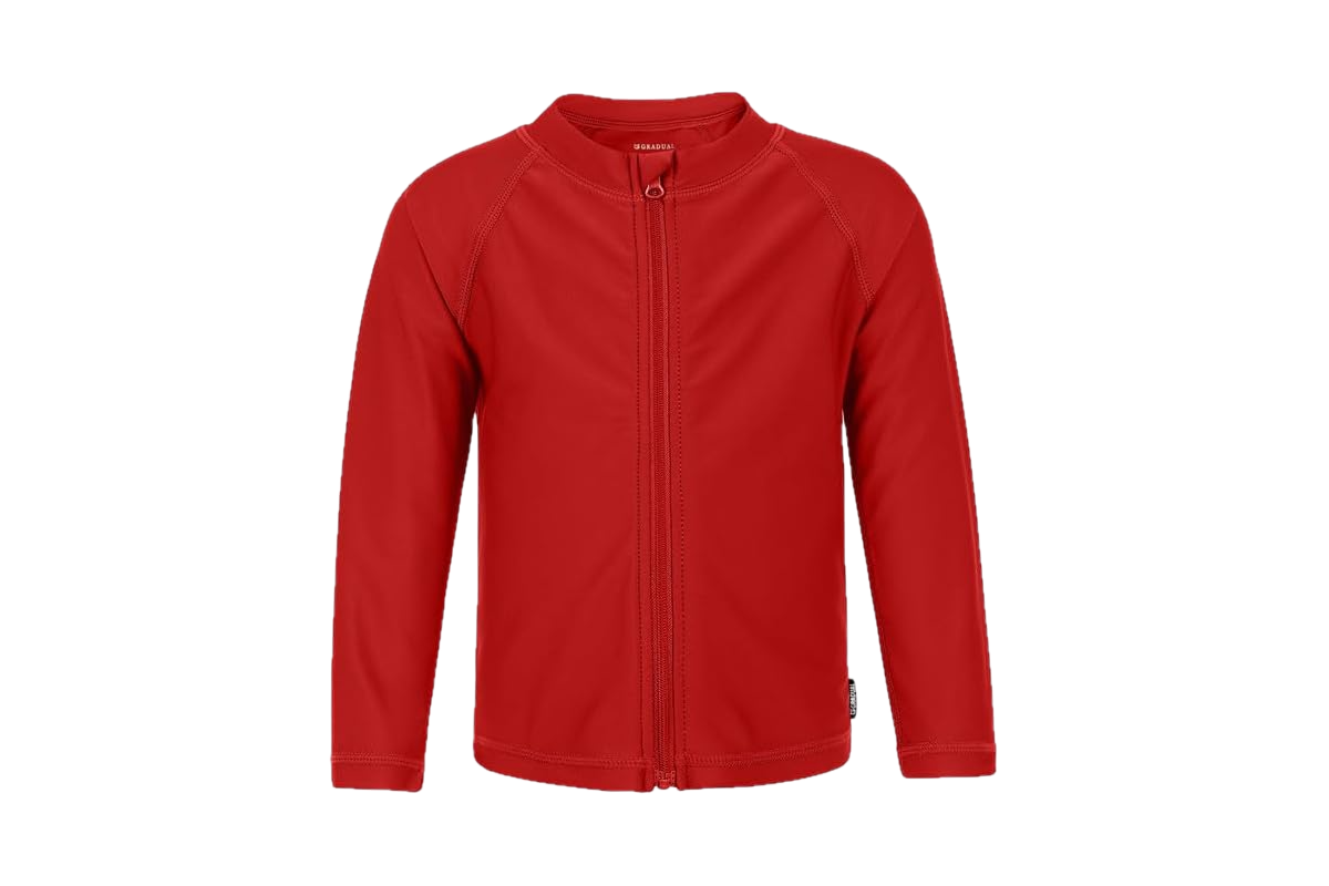 A long sleeve shirt with a zipper in the color red.