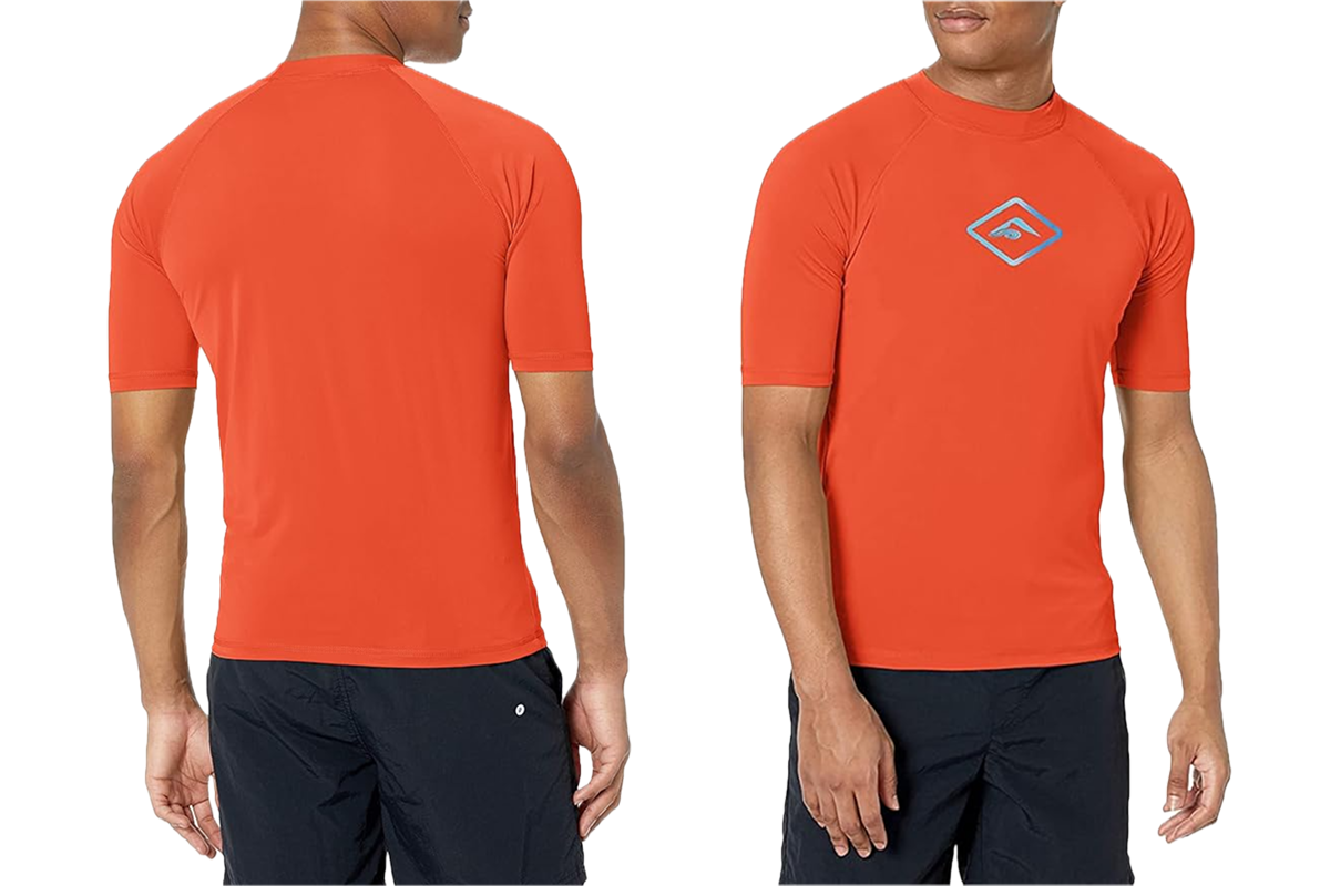 This image features a man wearing a short-sleeve orange tee and black shorts.