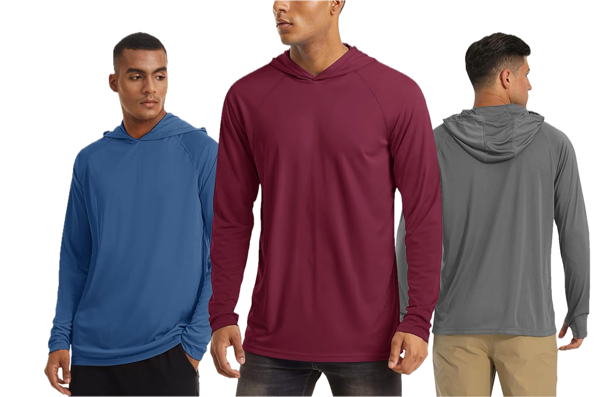 This image features a man wearing a blue top and black bottoms; a man wearing a maroon top and dark grey bottoms; a man wearing a grey top and brown bottoms.