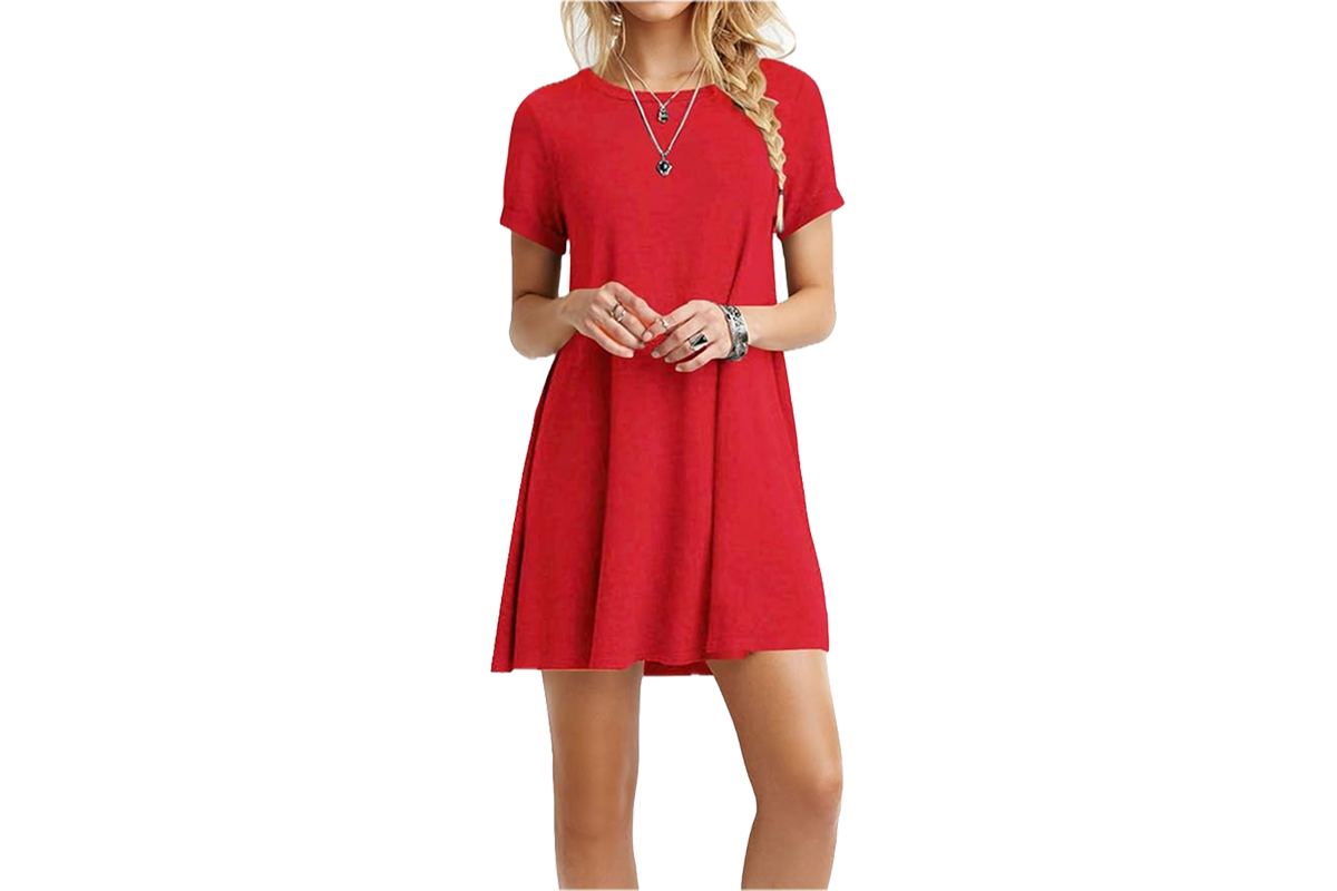 A woman wearing a short, red, tee shirt style dress.