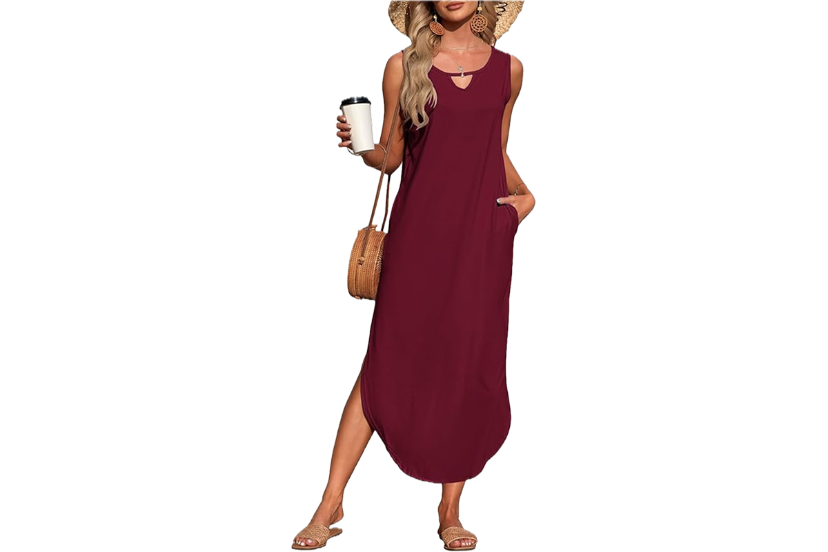 A woman with blonde hair draped over her shoulder is wearing sunglasses, a purse, carrying a cup of coffee and a long, sleeveless red dress with a keyhole cutout.