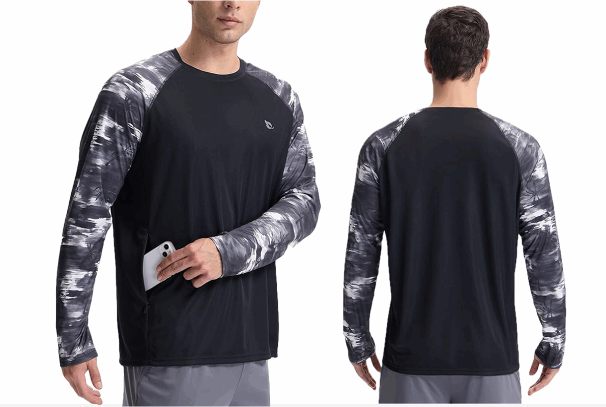 Front and back views of a man wearing a charcoal grey long-sleeve tee with grey and white abstract-patterned sleeves.