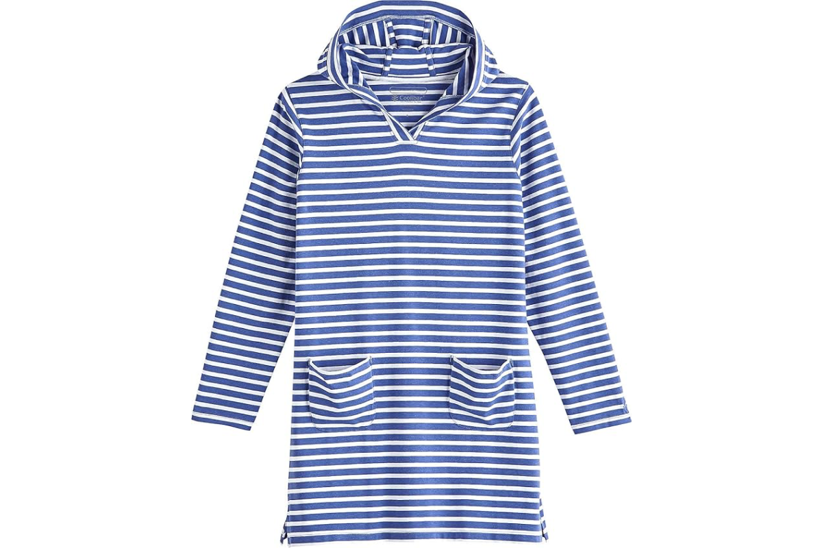 A blue and white striped hooded dress with long sleeves, perfect for teens seeking casual comfort. The dress features two front pockets, a V-shaped neckline, and horizontal stripes. Its design is reminiscent of stylish UV tops for teens, making it both practical and chic.
