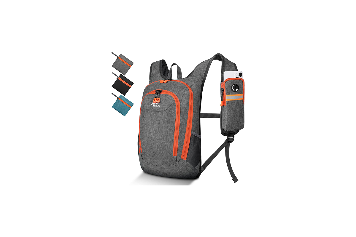 A grey backpack with orange trim and a phone pocket on the left strap.
