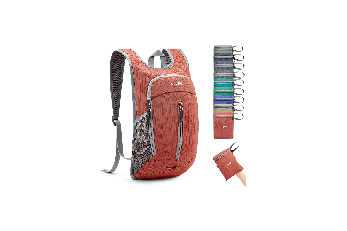 This image features an orange backpack with grey trim and a grey net pouch on the side.