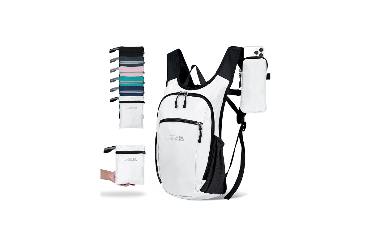A white backpack with black trim is displayed next to a group of bags showcasing multiple colors.