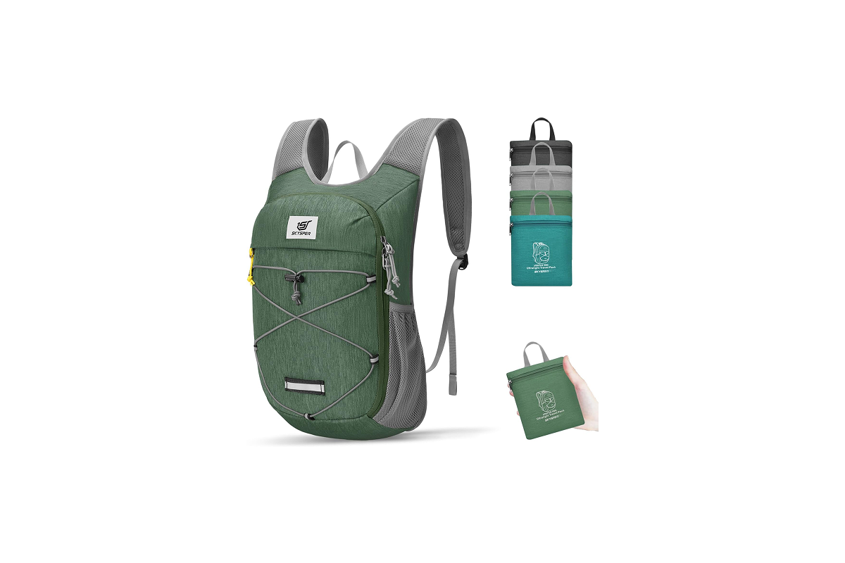 This image features a green backpack with grey trim, grey bungee cords on the front and a grey net pouch on the side.