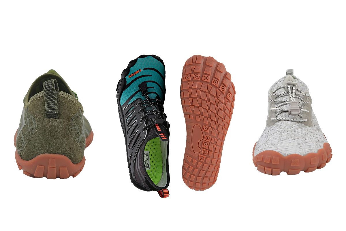 The heel of a green suede shoe. A teal blue and black shoe with a lime green interior. The bottom of a shoe, showing a rubber sole and toe cutouts. The front of a white shoe.