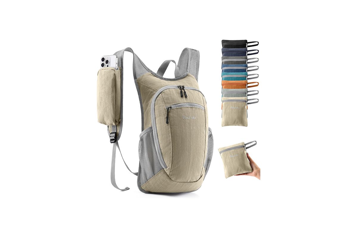 An off white backpack with white trim is displayed next to a group of bags showcasing multiple, earth tone colors.