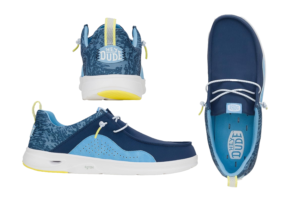 Blue and yellow sneakers from the back, side and top view.