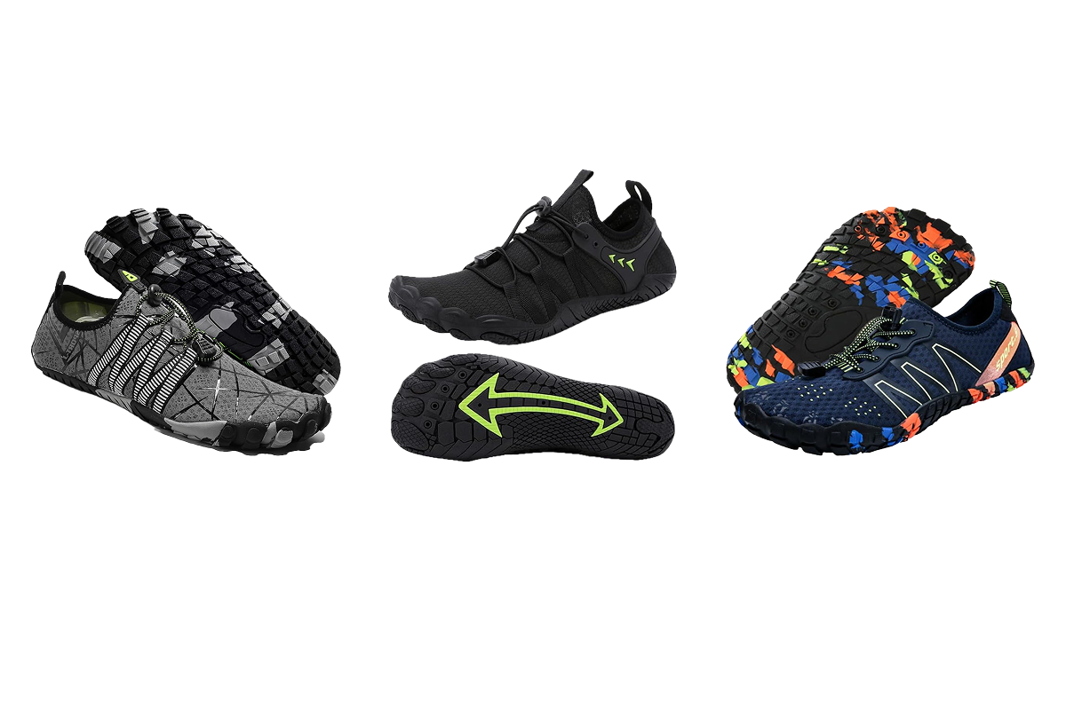 Grey and black sneakers, black sneakers with a yellow arrow on the bottom of the sole and a pair of black and pink pattern sneakers.