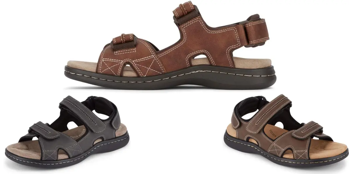 Three pairs of sandals for men are displayed against a white background. Each sandal features Velcro straps and a cushioned sole. The colors shown are brown, black, and tan. The brown sandal is centered above the two others, providing a side profile view of the design.