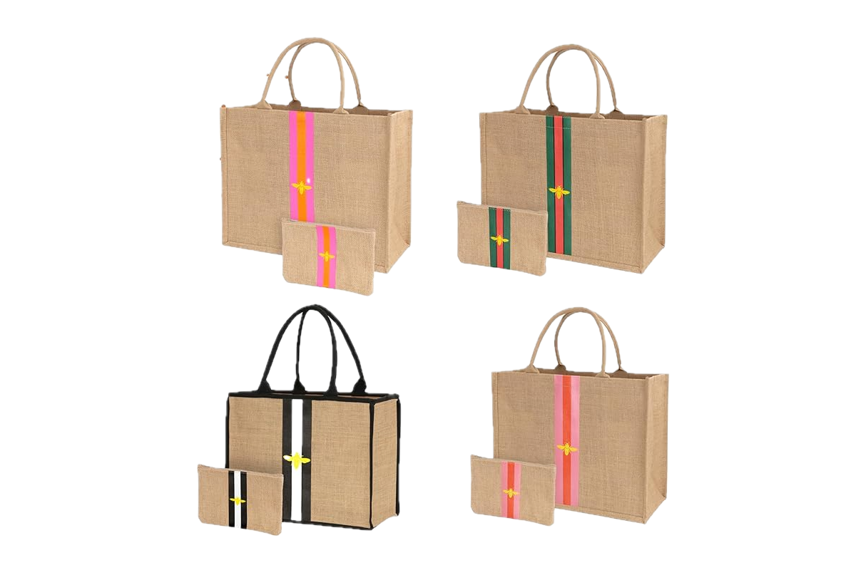 This image features four different styles of beach totes with a matching clutch; a straw bag and clutch with a