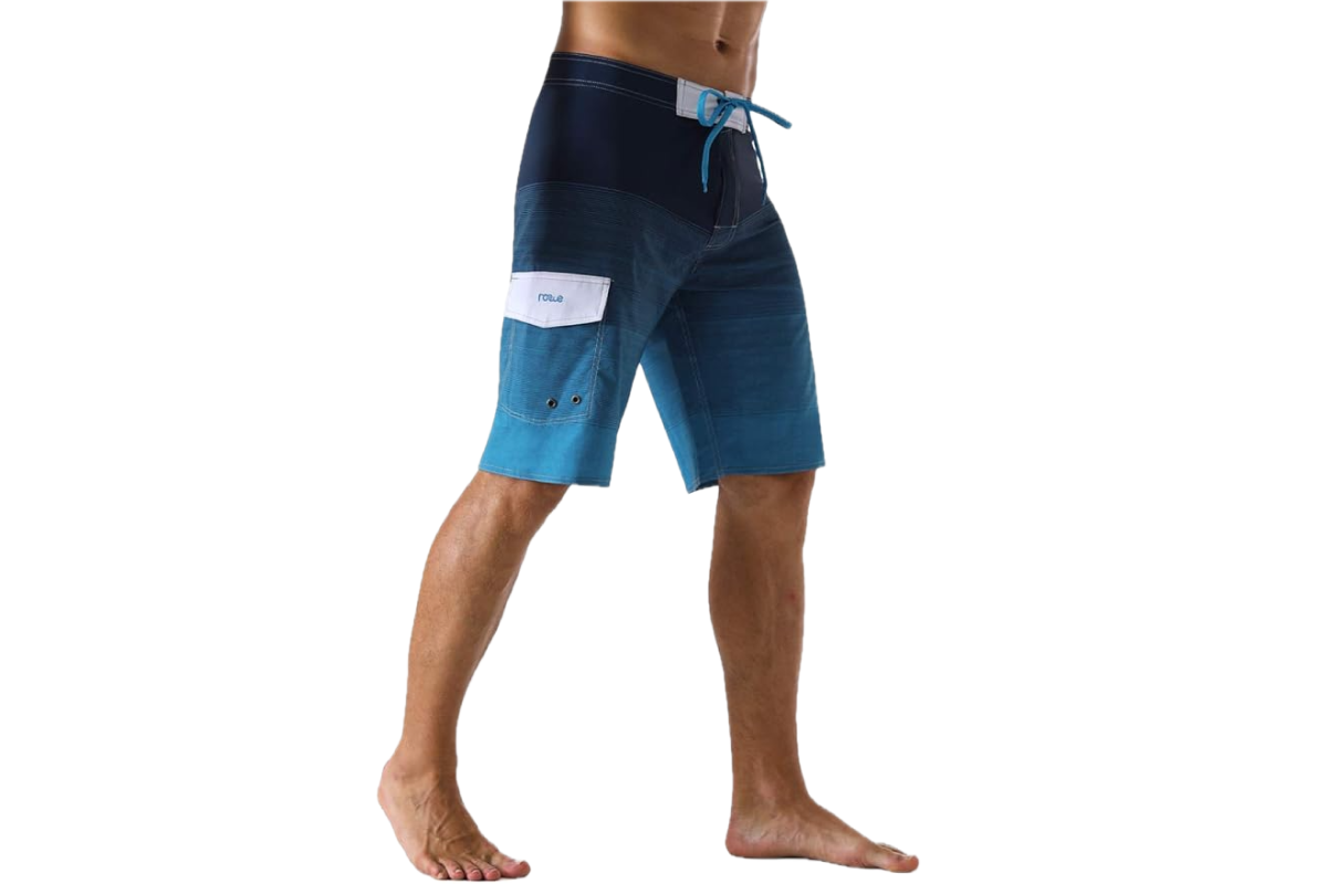 The image features the lower body of a man wearing nothing but a pair of ombre blue swim shorts, dark blue near the waist band turning to teal blue down the leg. There is a white pocket on the outer side of his right leg.