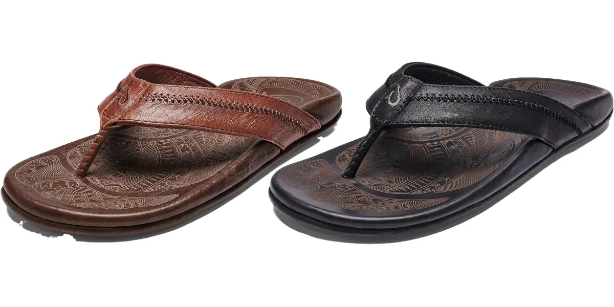 A pair of sandals for men showcasing two color options: brown and black. Both sandals feature intricate geometric patterns on the footbeds, stitched strap details, and a smooth finish, giving them a stylish and comfortable appearance.