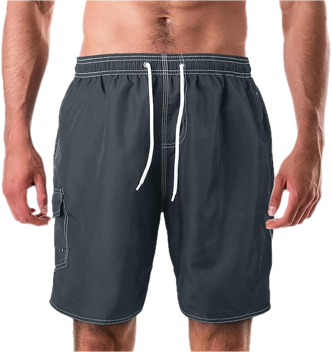 A man's lower body wearing a pair of grey shorts that hit above the knee. Tassel ties hang loose in the front.