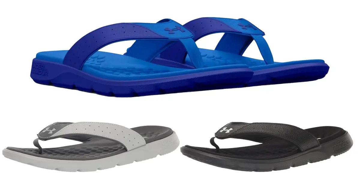 Three pairs of Under Armour flip-flops in different colors. The top pair is blue with a darker blue sole. The bottom left pair is gray with a white sole, and the bottom right pair is all black. These sandals for men feature cushioned footbeds and the iconic Under Armour logo on the strap.