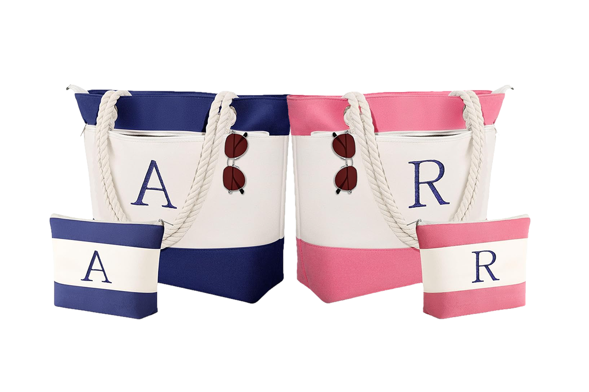 This image features two tote bags: a blue and white tote bag with the initial 'A' on the front, a matching clutch with the letter 'A,' and a pair of sunglasses; and a pink and white tote bag with the letter 'R,' a matching clutch with the initial 'R,' and a pair of sunglasses.