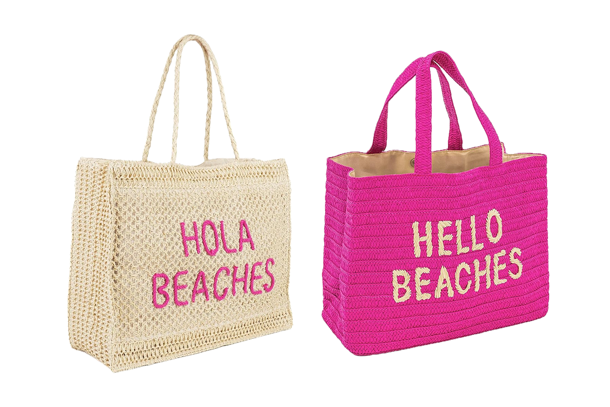 This image features two tote bags: the first is tan with the words 'HOLA BEACHES' written on the front in dark pink, and the second is dark pink with the words 'HELLO BEACHES' written in tan.