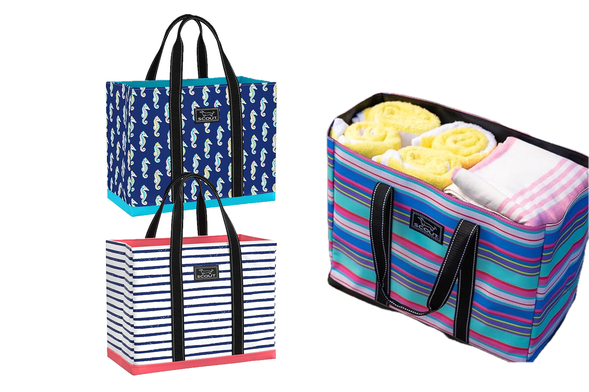 This image features a woman with blond hair carrying a beach bag with multicolored flip-flops on it, standing next to a tote with a lime green wave pattern and another with a multicolored floral pattern.