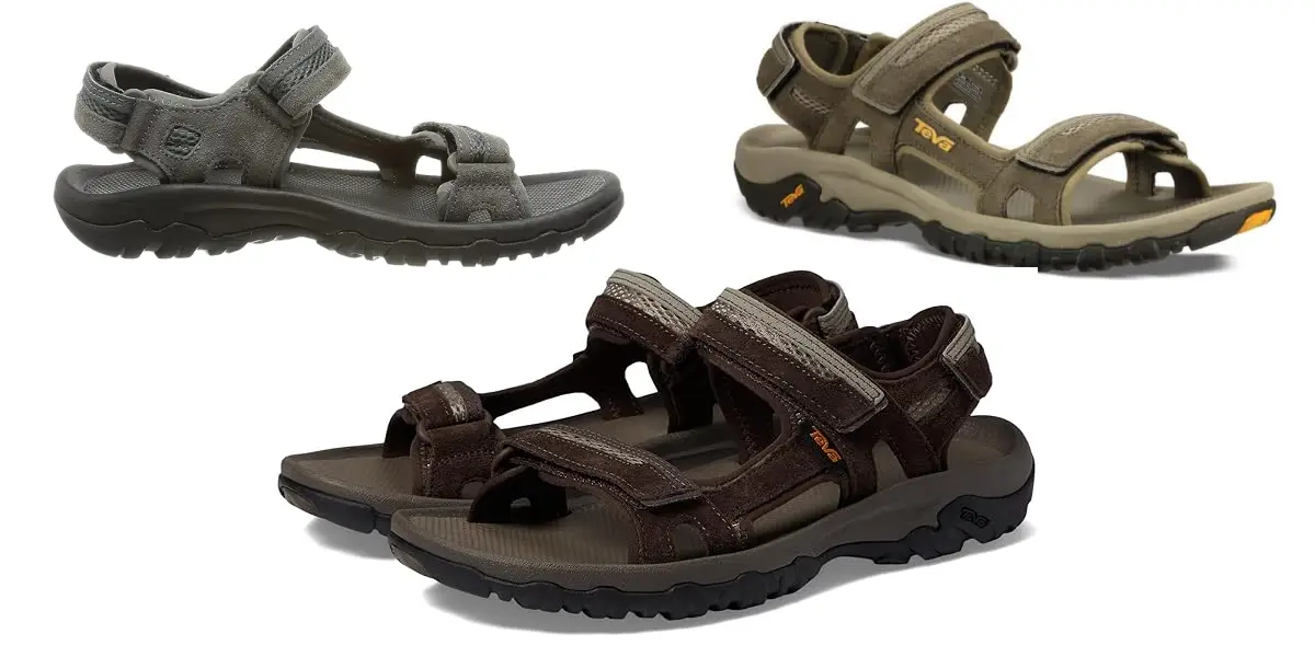 Three pairs of sport sandals for men with Velcro straps are shown. The sandals are laid out, with one pair in the foreground in dark brown, another pair in the background in light brown, and a third pair at the top left in gray. All have rugged soles for outdoor use.