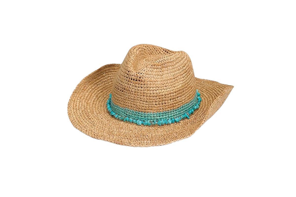A tan straw hat with a turquoise band.