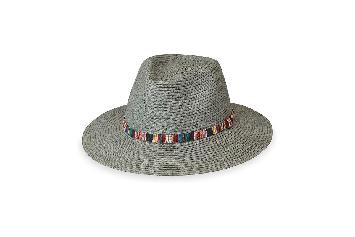 A grey fedora hat with a multicolored band.