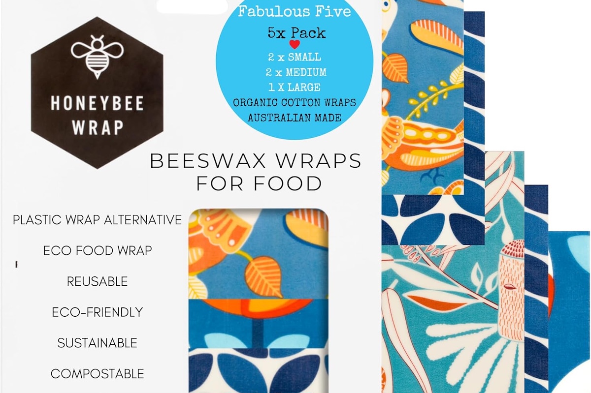 A package with colorfully patterned beeswax food wraps.