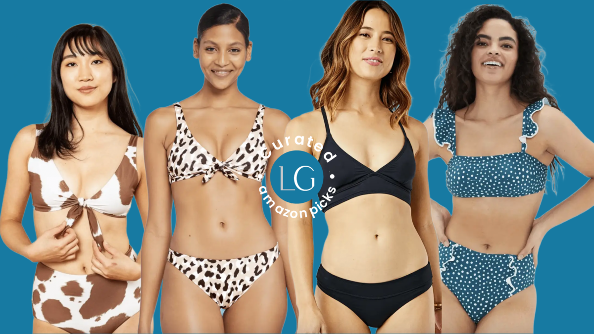 Four women are wearing two piece swim suits. From left to right is a woman with dark hair and a brown and white animal print two piece. Next to her is a woman with dark hair up in a bun wearing a two piece, black and white, small animal print suit.Next to her is a woman with brown hair wearing a black two piece suit and next to her, on the right, is a woman with dark curly hair wearing a teal blue two piece suit.