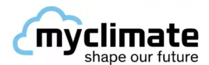 A logo featuring a cloud outline in light blue followed by the text "myclimate" in bold black letters. Below it, in smaller black letters, the slogan "shape our future" is displayed, emphasizing efforts to reduce our carbon footprint.