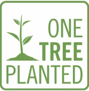 The image features a simple green outline of a tree seedling with two leaves, emerging from a mound of soil. To the right of the seedling, the text "ONE TREE PLANTED" is displayed in bold green capital letters, emphasizing efforts to reduce our carbon footprint.
