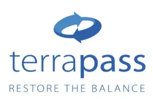 The Terrapass logo features a blue circular arrow design above the text "terrapass" in blue lowercase letters. Below this, the tagline "RESTORE THE BALANCE" is written in uppercase blue letters, emphasizing its mission to reduce your carbon footprint.