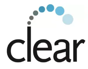 The image showcases the logo of the company "Clear." The word "clear" is written in lowercase black letters. Above the letter "l," six circular dots form an arch transitioning from dark gray to light blue, symbolizing a reduction in carbon footprint.