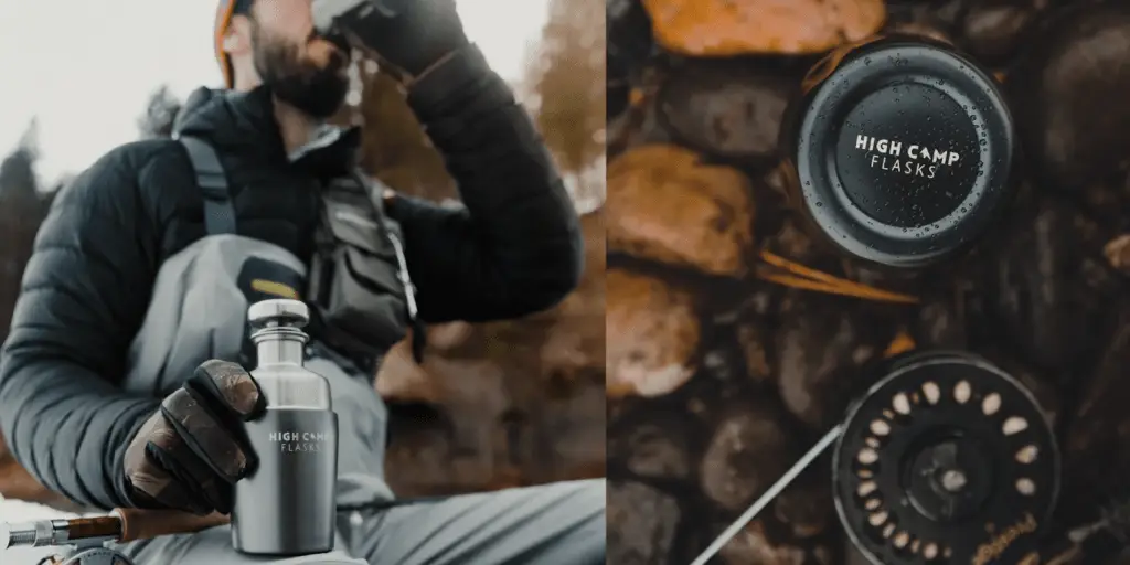 A person in outdoor gear drinks from a stainless steel "High Camp Flasks" bottle while sitting on a rock during a camping trip. To the right, a close-up shows the flask's lid on a rocky surface near a fishing reel.