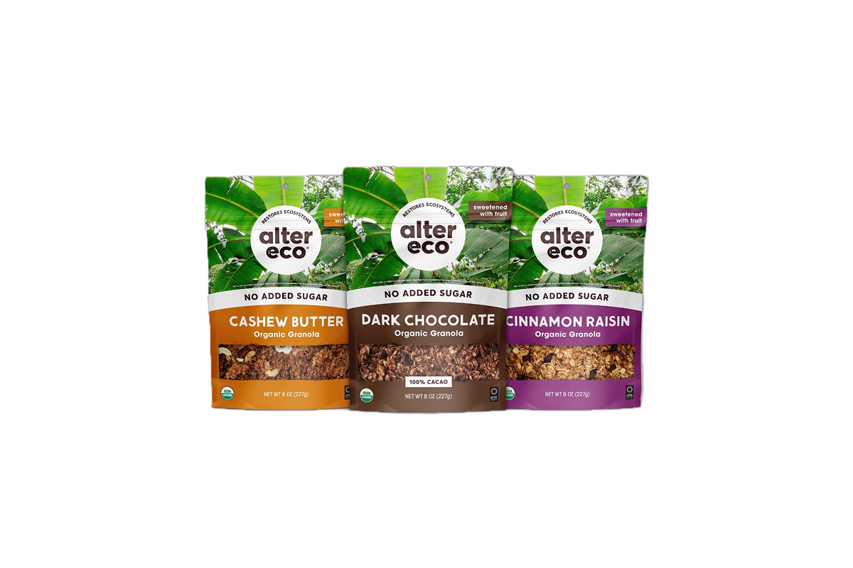 Image of three packages of Alter Eco organic granola arranged side by side. The flavors include Cashew Butter, Dark Chocolate, and Cinnamon Raisin. Perfect as road trip snacks, each package states "No Added Sugar" and "Sweetened with Fruit." The weights are 8 oz (227 g) each.