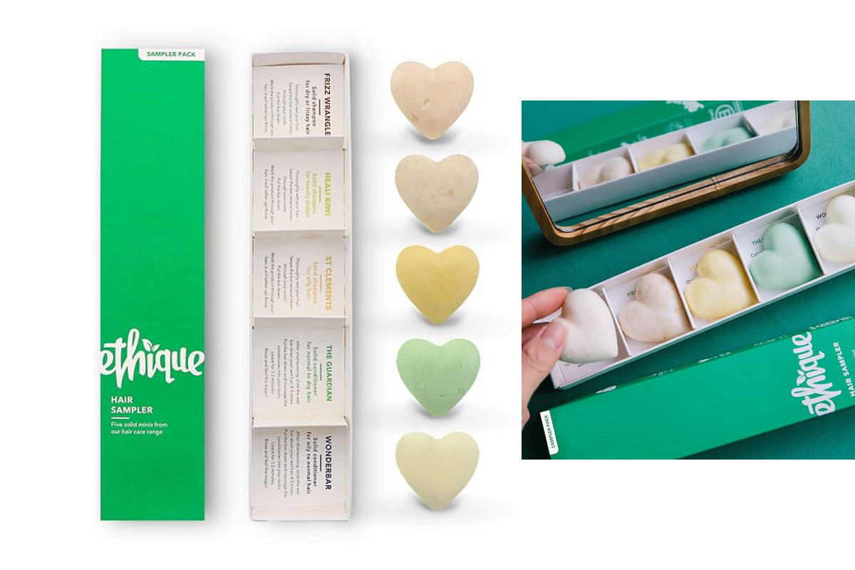 An Ethique Hair Sampler pack showcasing four heart-shaped shampoos and conditioners in different colors. These eco-friendly beauty products are housed in a rectangular green box with white text. An inset image depicts a hand picking up a heart-shaped product from a box with a mirror lid.