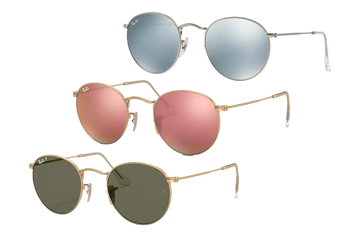 A pair of round sunglasses in light blue, pink, and tan.