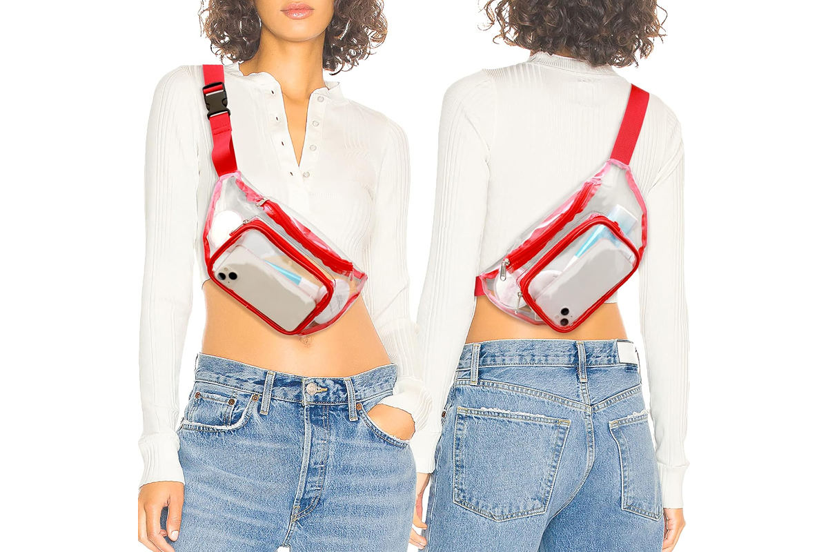 Front and back views of a woman wearing a cropped white sweater, blue denim jeans, and a clear crossbody bag with red trim.
