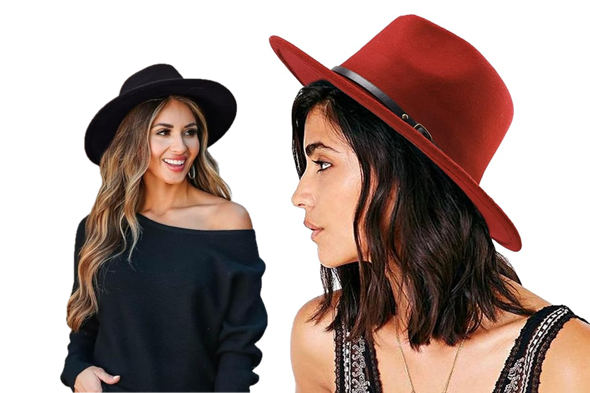 An image of a woman wearing a black hat and a black sweater, nest to a woman wearing a red hat and black tank top.