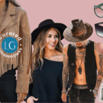 A woman in a fringe suede jacket stands next to a woman in a black hat and shirt, who stands beside a man wearing a black suede vest, black jeans, and a tan suede cowboy hat. Next to them are three pairs of sunglasses and two clear bags.